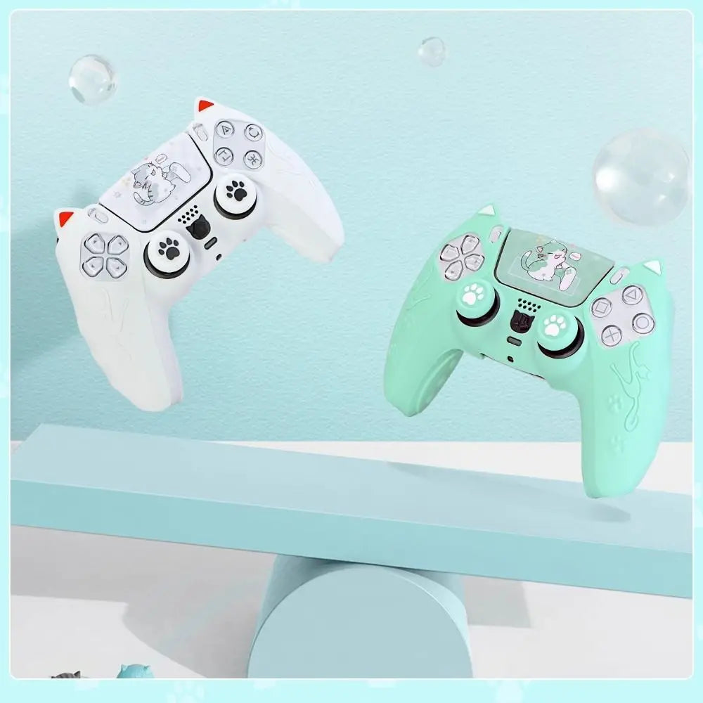 Silicone Controller Case Set with Thumb Grip Caps Cat Paw Controller Skin with Sticker Anti-slip Protective Shell Cover for PS5