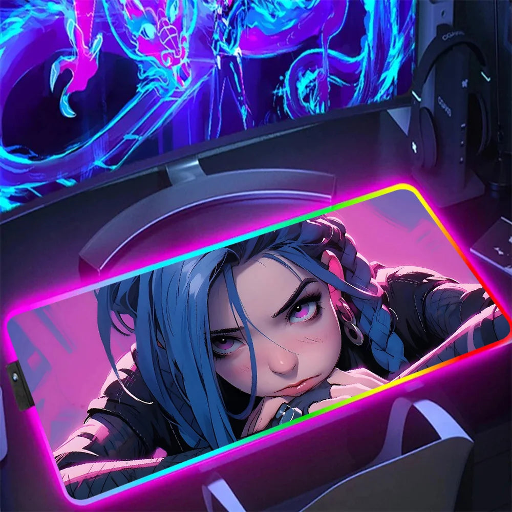 Hot Anime Game Graffiti Jinxs RGB Pc Gamer Keyboard Mouse Pad Mousepad LED Glowing Mouse Mats Rubber Gaming Computer Mausepad