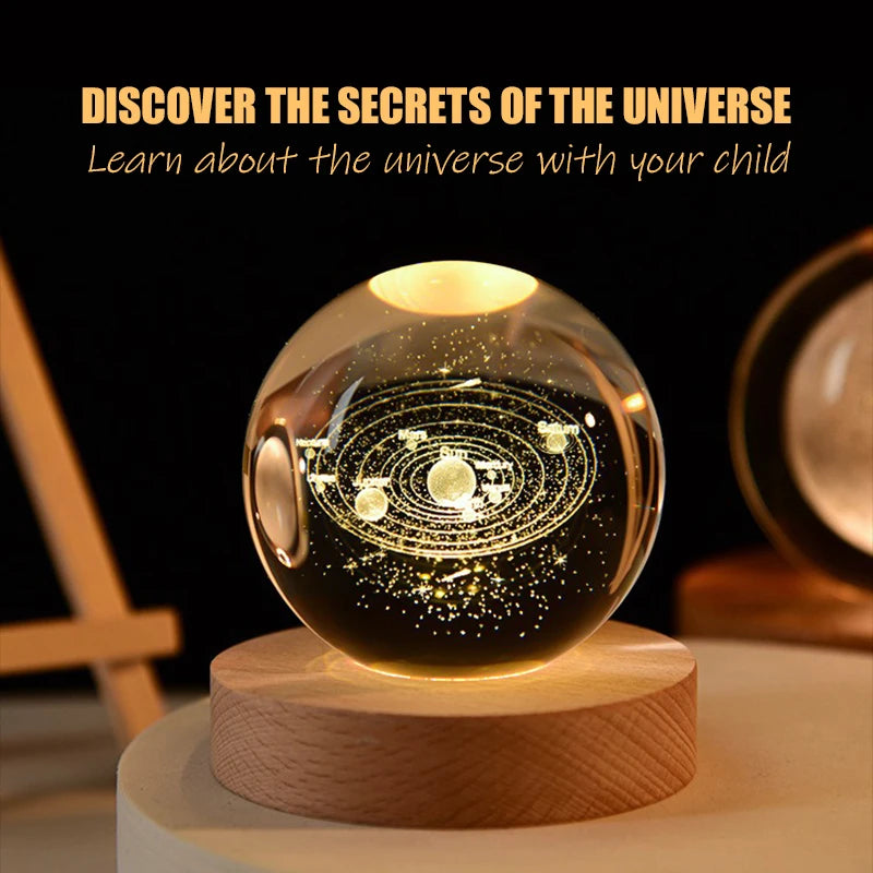 3D Crystal Ball LED Warm Night Light Wooden Base Laser Engraved Solar System Globe Galaxy Birthday Gift Home Desktop Decoration