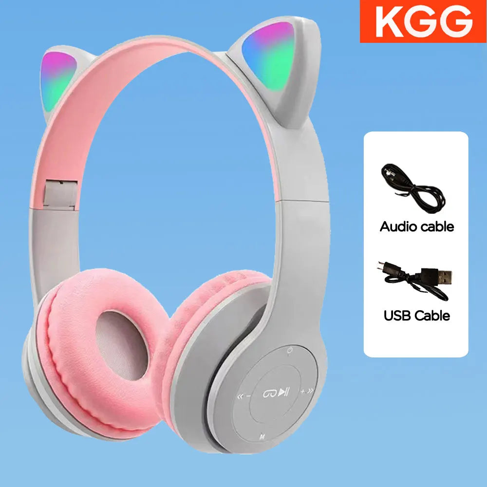 Cat Ears Headphones Flash Light Wireless With MIC Control LED Kid Girl Stereo Cute Music Helmet Bluetooth Phone Headset Earphone