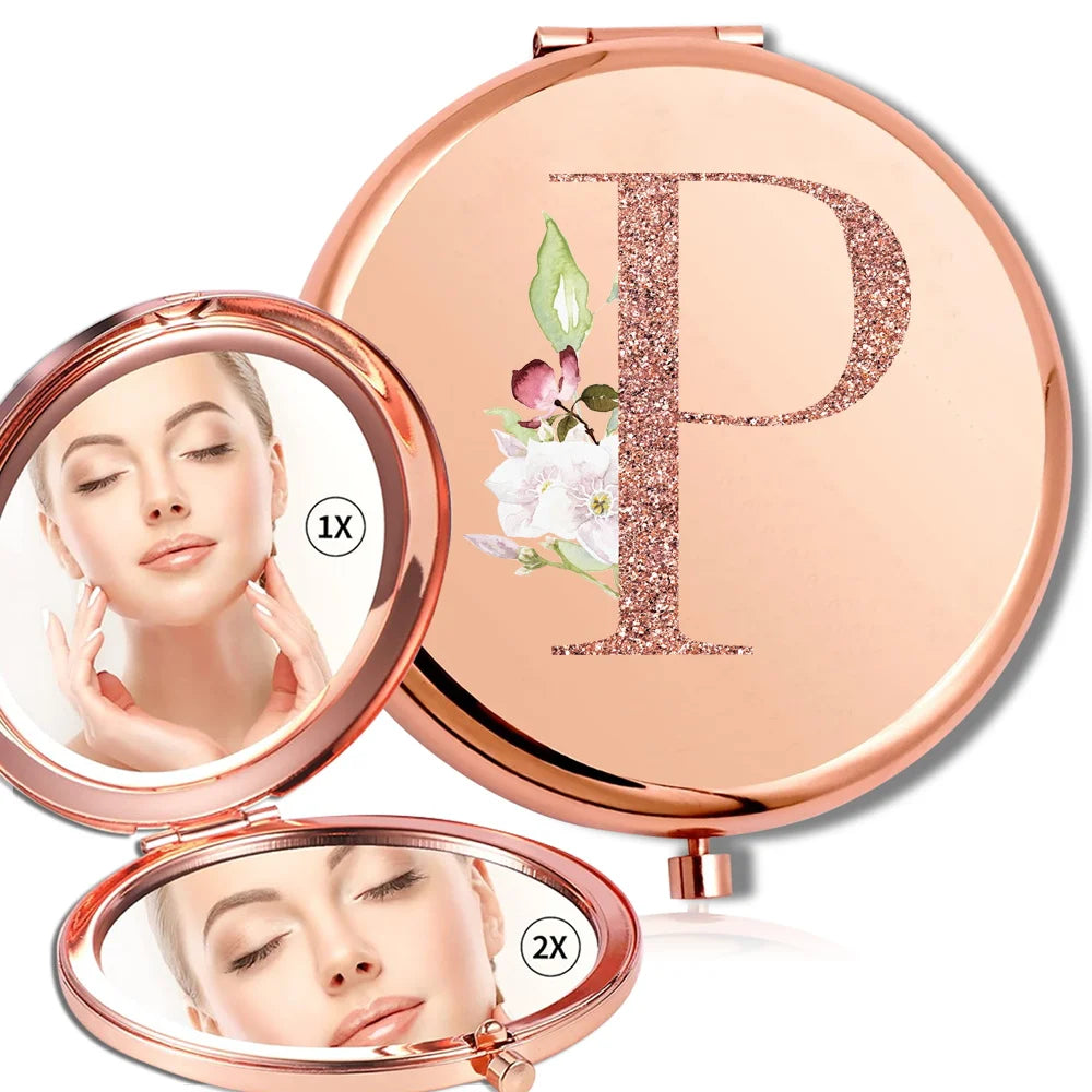 Magnifying Makeup Round Mirror Double Sided Metal Cosmetic Portable Look Glass Compact Handheld Mirror Rose Gold Letter Pattern