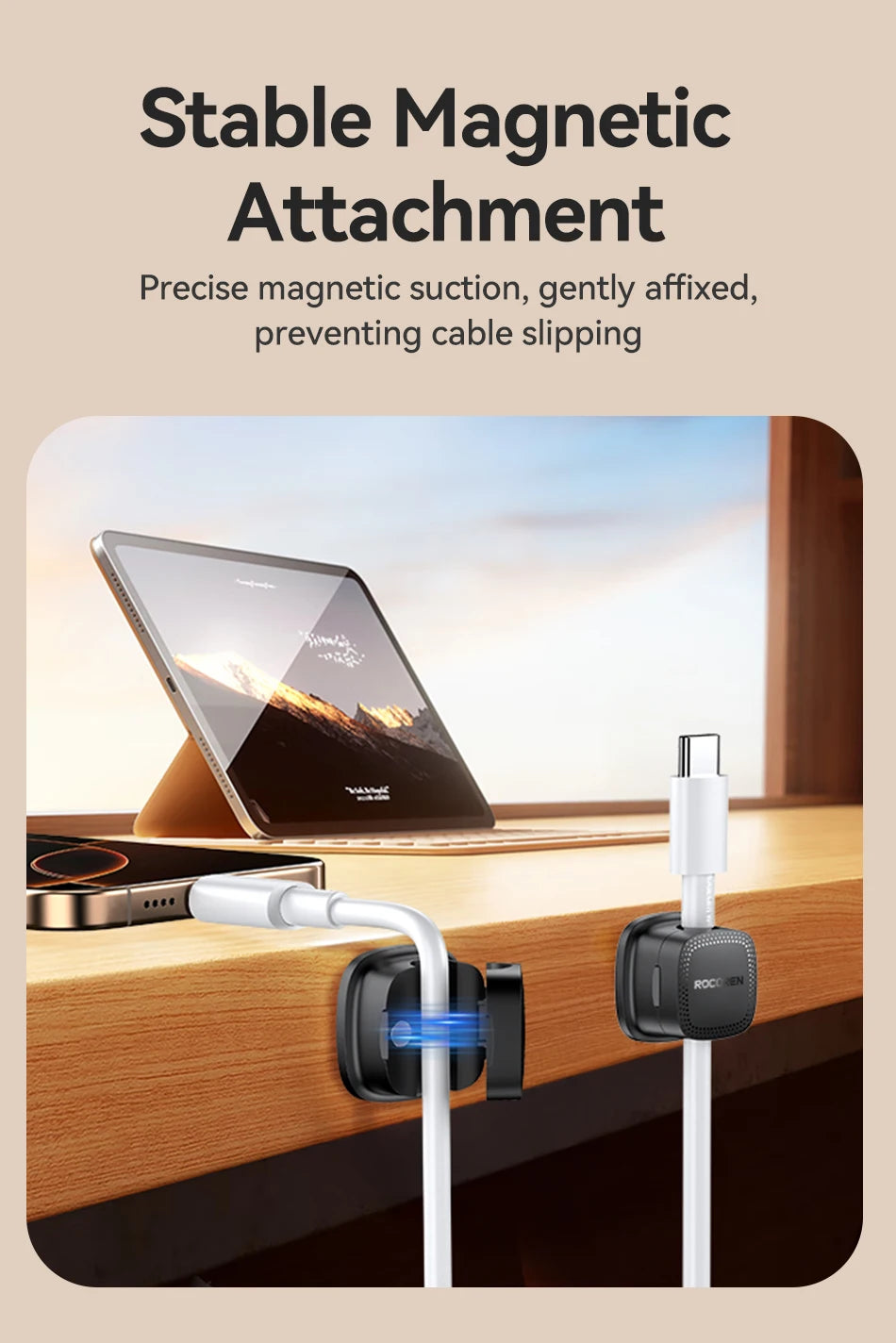 Rocoren Magnetic Cable Organizer Smooth Adjustable Cable Holder Under Desk 6PCS Stable Cable Management Wire Keeper Cable Clips