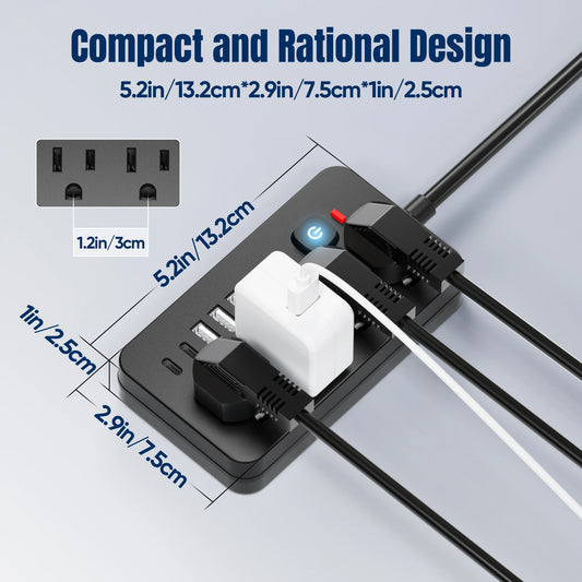 10-in-1 US Power Outlet, Extension Cord, 10ft Corded Power Outlet Surge Protector, 4 AC Outlets, 4 USB 2 Type-C, Desktop Chargin