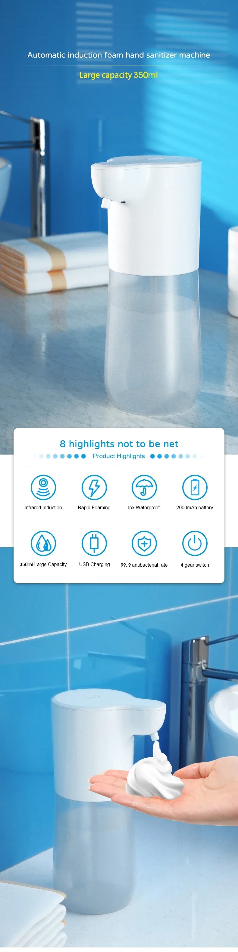 350ML Touchless Automatic Soap Foam Dispenser USB Rechargeable Foam Hand Washer Machine Bathroom Infrared Sensor Soap Dispenser