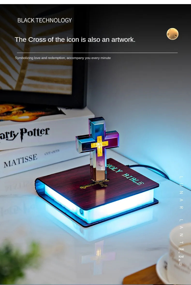 Magnetic Levitating Cross Floating Christian Cross Decorations Maglev Cross the Holy Bible Base