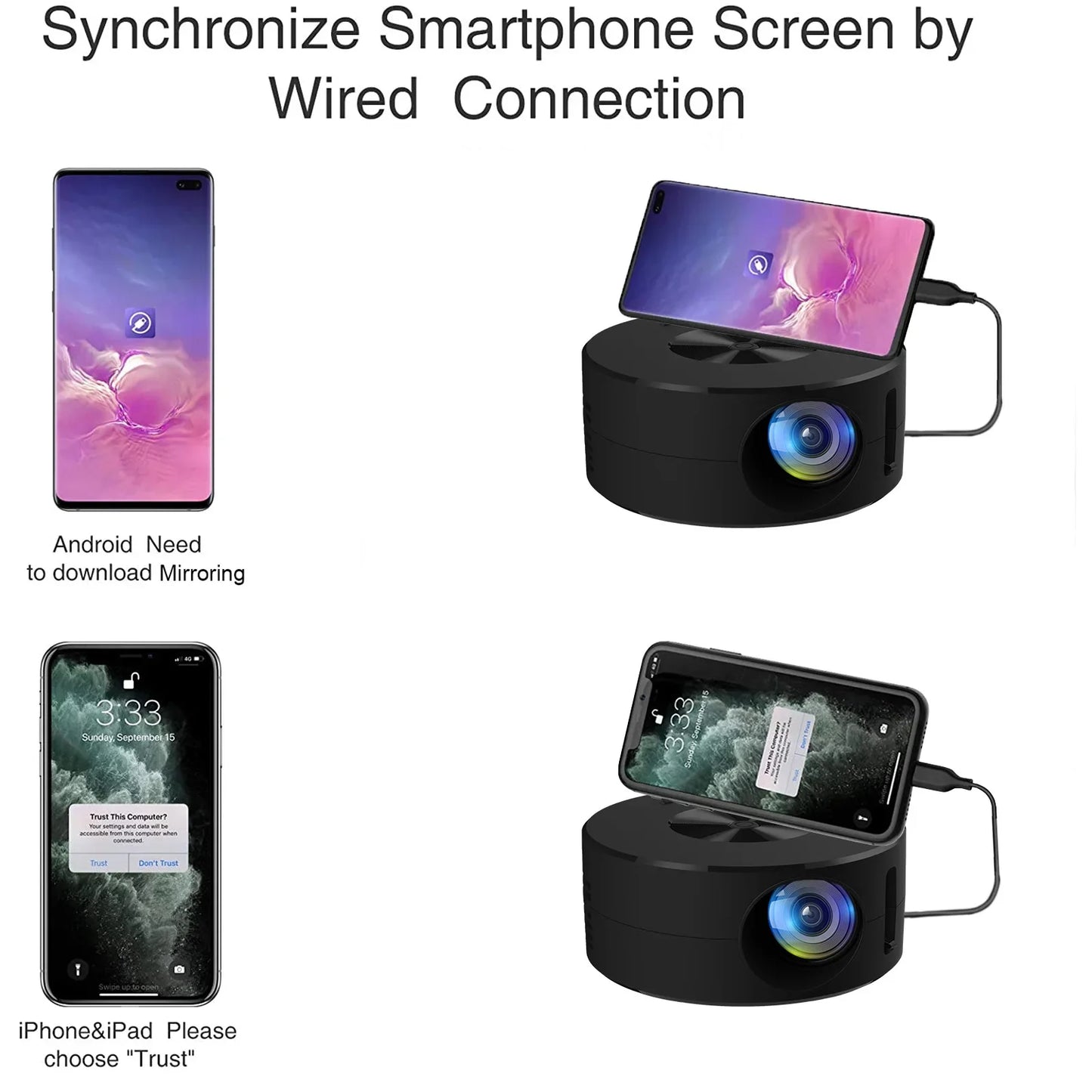 YT200 Portable Mini Projector HD Home Theater LCD children's mobile phone same screen wireless projector Supports IOS Android