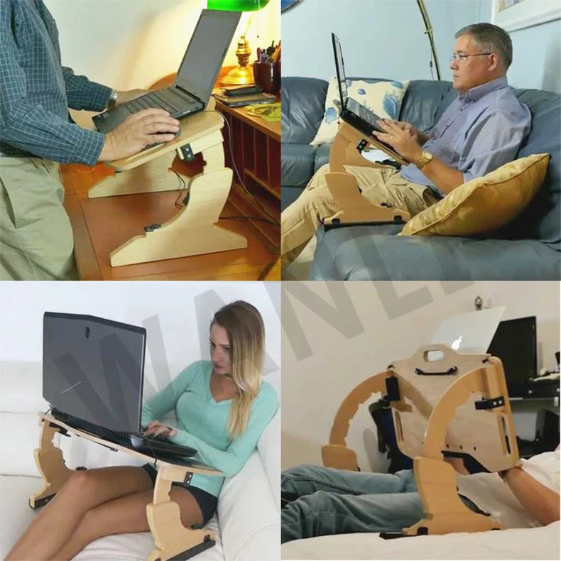 Desktop computer stand, portable and foldable stand, multi-functional reclining desk, made of wood, 360° adjustable laptop stand
