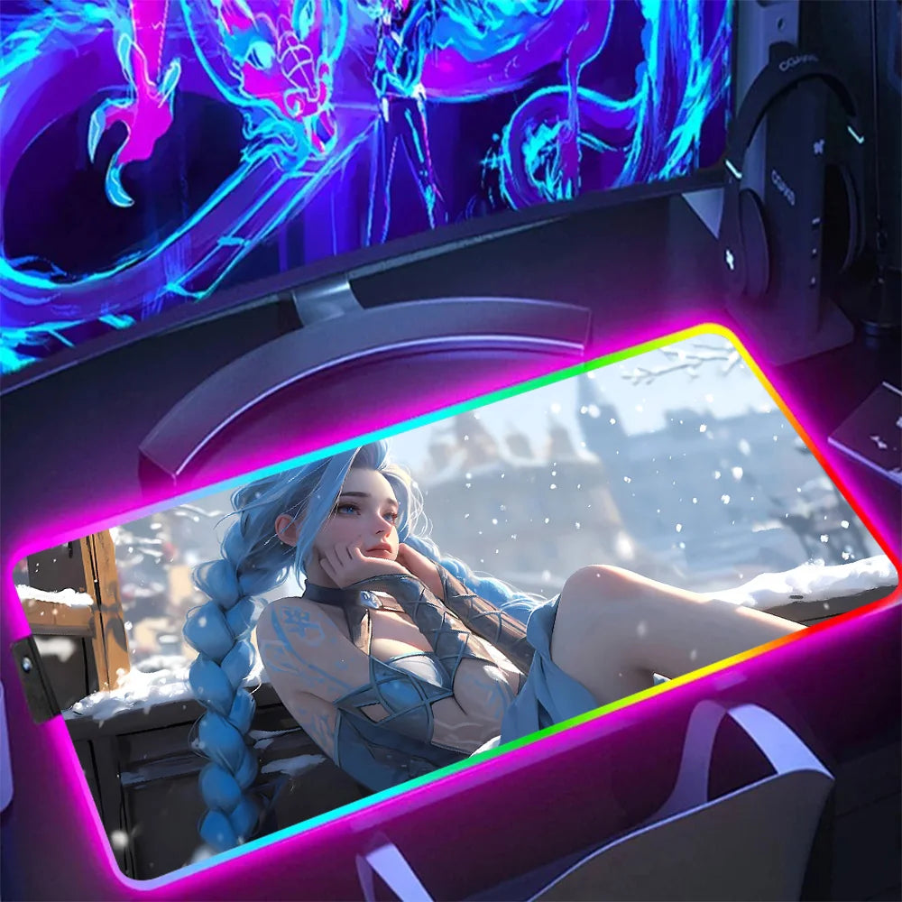 Hot Anime Game Graffiti Jinxs RGB Pc Gamer Keyboard Mouse Pad Mousepad LED Glowing Mouse Mats Rubber Gaming Computer Mausepad