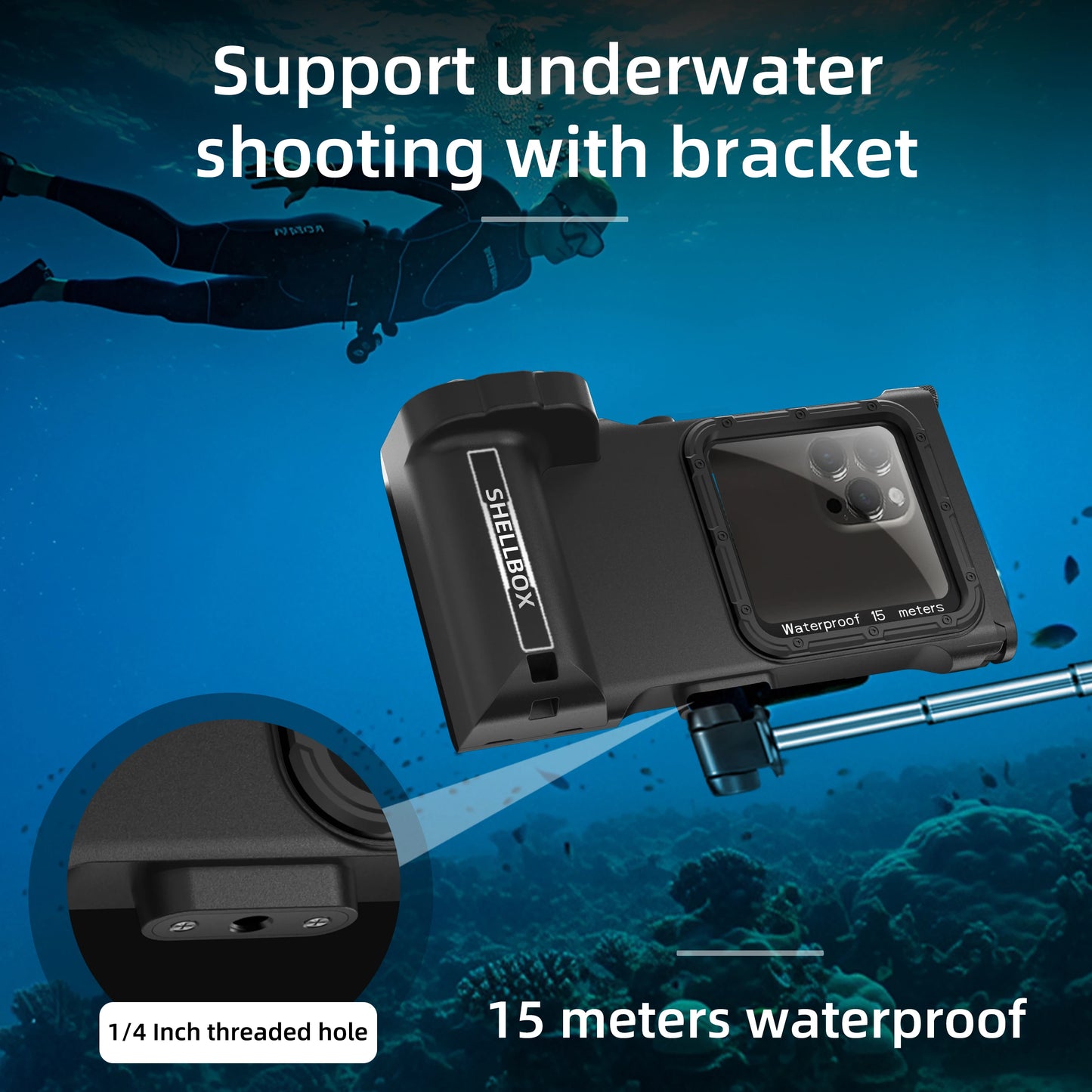 Shellbox Newly Upgraded IP68 Bluetooth Control 15M/50ft Diving/Swimming Photography Professional Diving Waterproof Phone Case