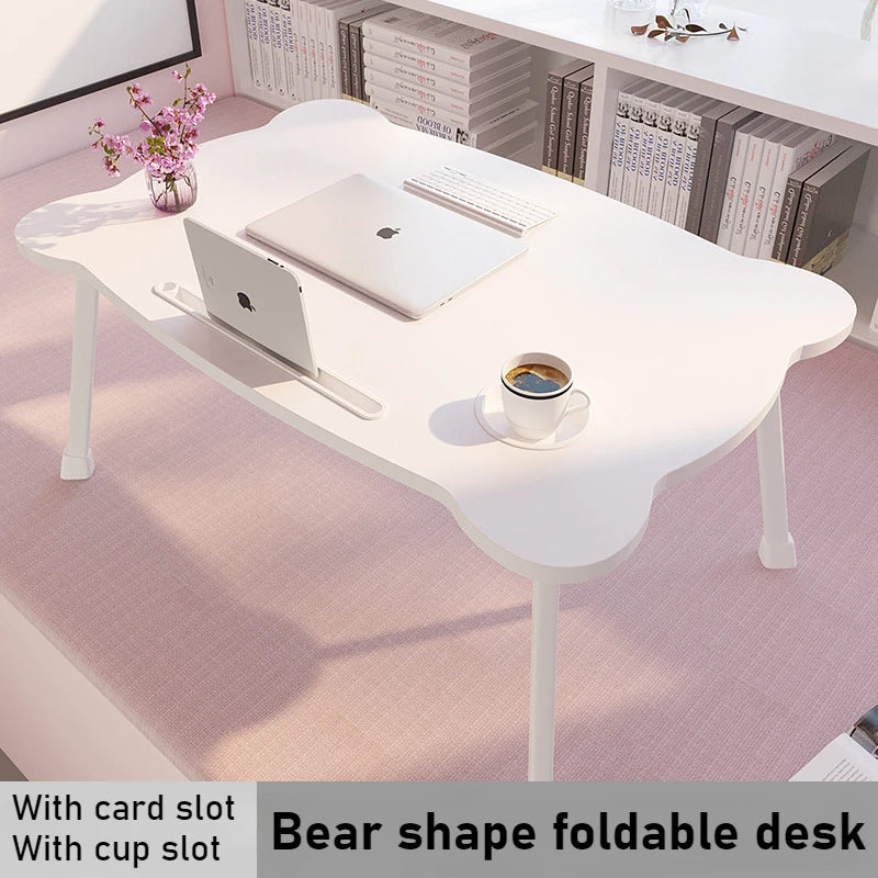 Small Foldable Laptop Desk with Cup Holder Card Slot Cute Bear Bed Desk Anti-slip Waterproof Tatami Table for Dormitory Student