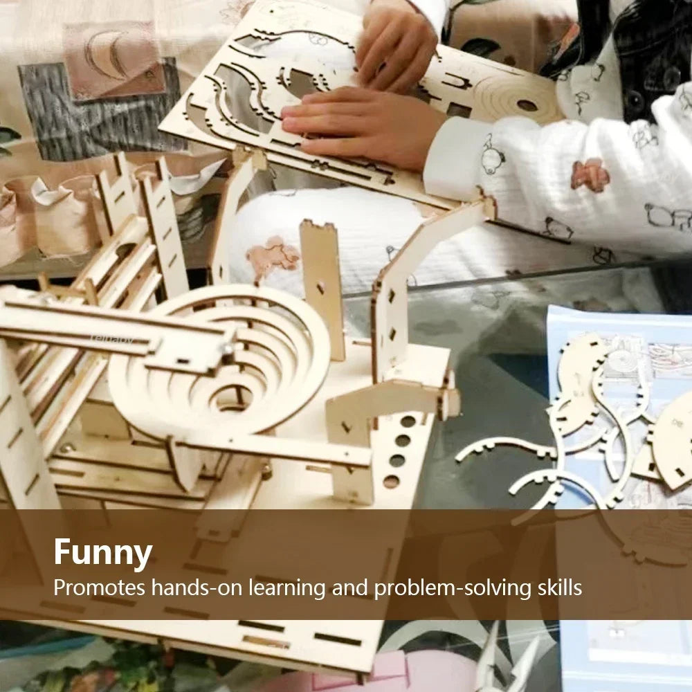 3D Wooden Puzzle DIY Building Kits Mechanical Model Marble Run Set with 4 Balls Creative STEM Toys for Adults Kids Birthday Gift