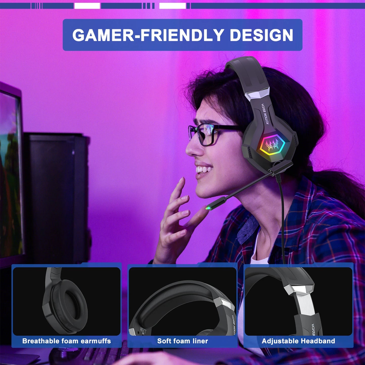 Gaming Headset with Mic Dynamic RGB/In-line control For PC PS4 PS5 Gaming Headphones 3.5mm USB Headphones for Laptop Computer