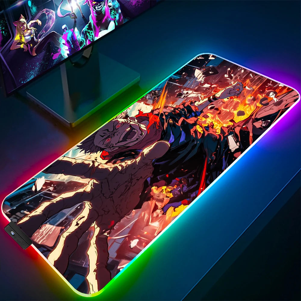 Jujutsu Kaisen Anime RGB Pc Gamer Keyboard Mouse Pad Gojo Satoru Mousepad LED Glowing Mouse Mats Rubber Gaming Computer Mats Xxl
