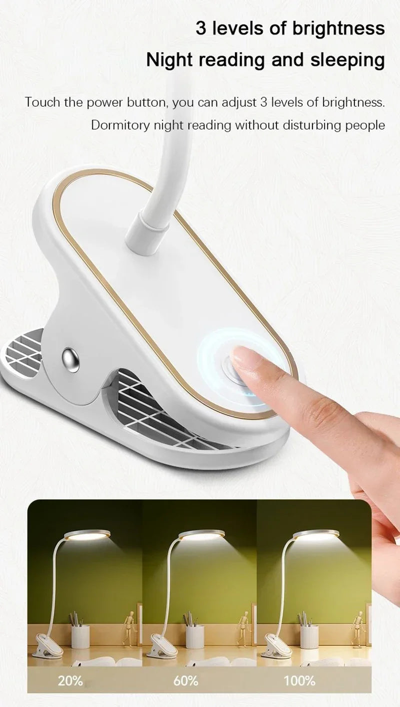 LED Reading Book Light USB Rechargeable Table Lamp With Clip Bedside Reading Light Touch 3 Modes Dimming Eye Protection Lights