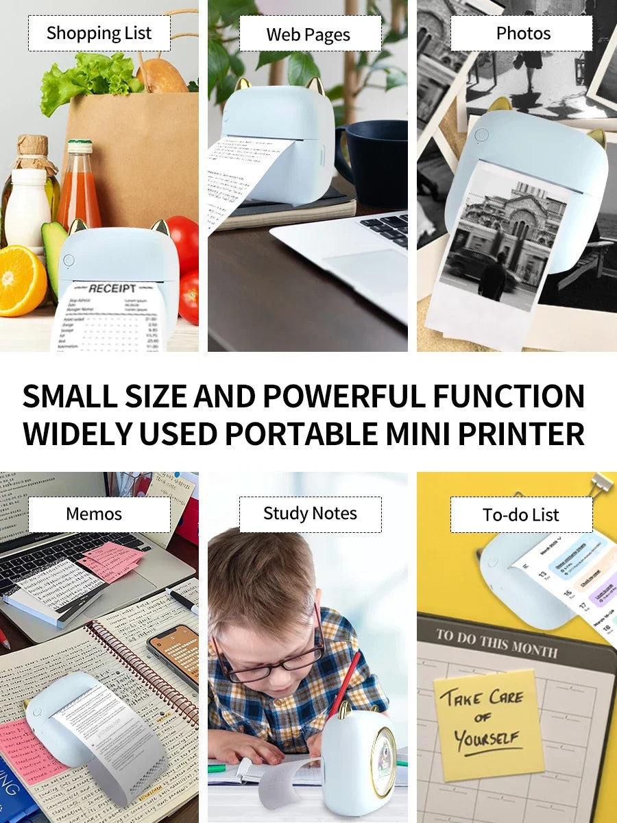 Thermal Mini Printer, Portable Inkless Sticker Maker, Free Cut Pocket Printer, Photo Label Memo Printing Tag Bluetooth Printer