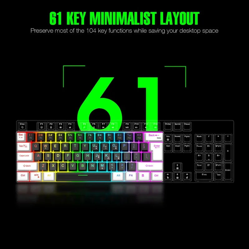 Wired Black & White 61-key Mini RGB Backlit Gaming Keyboard with Mechanical Feel Portable and Compact for Business & Office Use