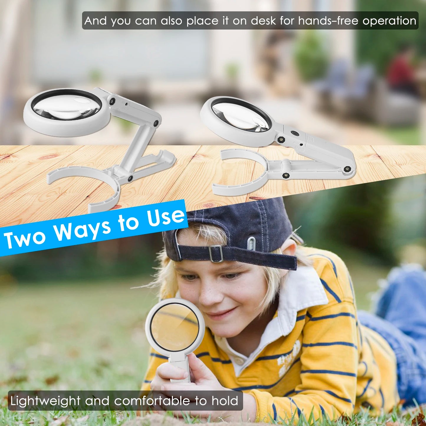 5X/10X Handheld Magnifier with LED Light and Stand USB Powered Illuminated Magnifying Glass for Electronics Repair Hobby Tool