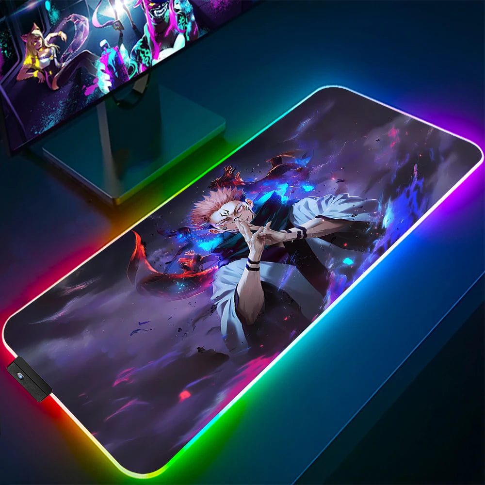 Jujutsu Kaisen Anime RGB Pc Gamer Keyboard Mouse Pad Gojo Satoru Mousepad LED Glowing Mouse Mats Rubber Gaming Computer Mats Xxl