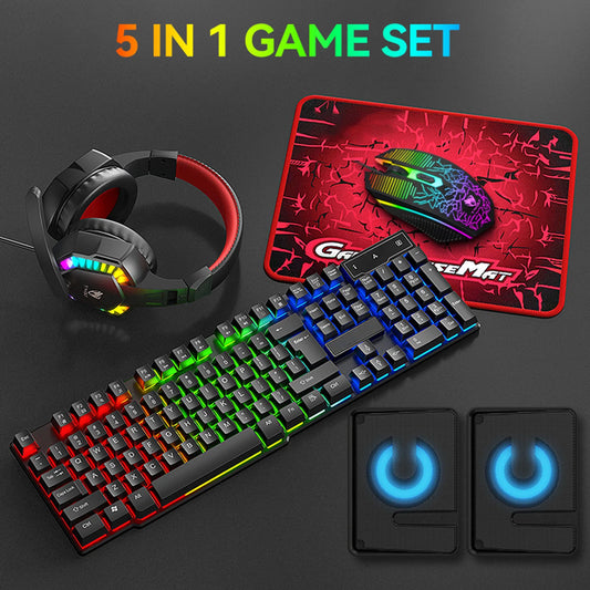 5-in-1 Set Gaming Combo Keyboard 4-color Breathing Light Mouse 3.5mm Gaming Headset Gaming Speaker Anti-slip Mouse Pad NEW HOT