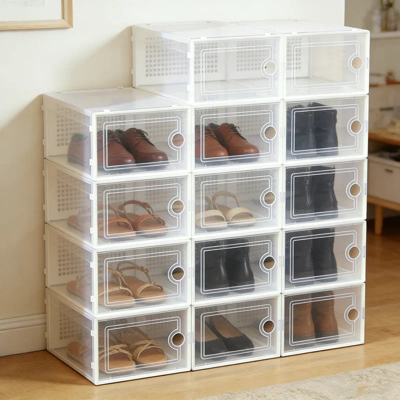 6/12Pcs Foldable Clear Shoe Box, Stackable Plastic Shoe Storage Organizer, Breathable Dustproof  Home & Shoe Display Rack