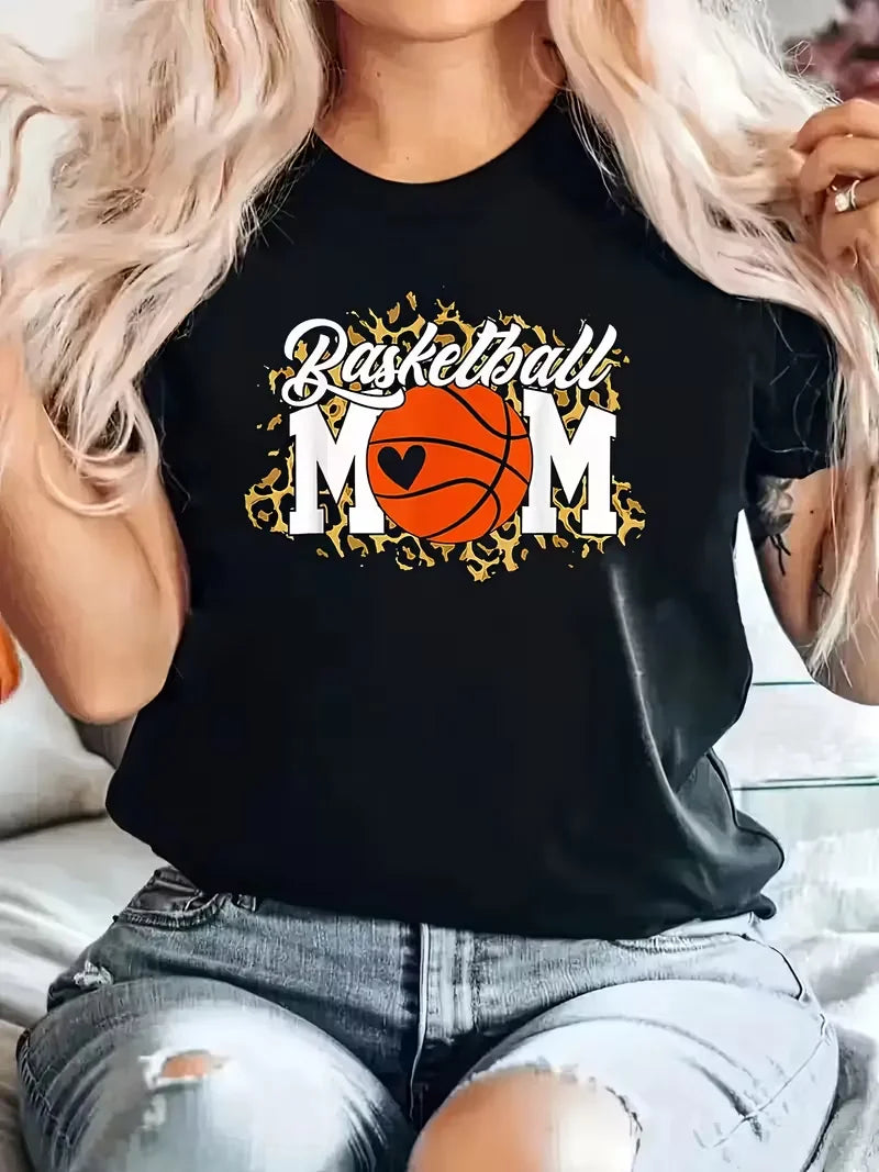 Women's "Basketball Mom" Graphic T-Shirt - Black short-sleeved crewneck casual top with heart and basketball designs