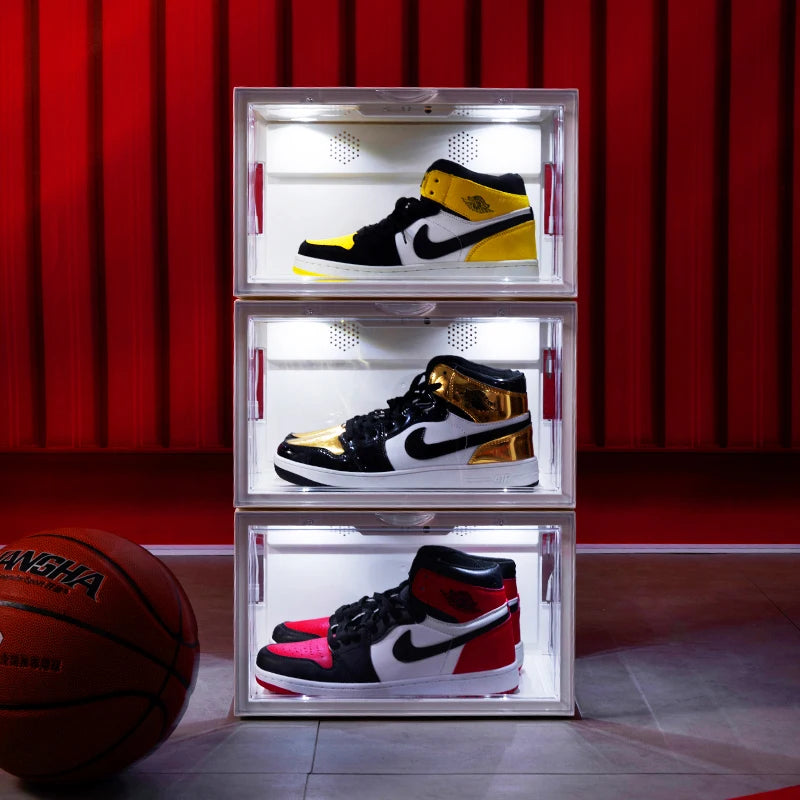 Sound Activated Plastic Led Shoe Box Container Magnetic Custom Giant Transparent Led Shoe Boxes Stackable Led Shoe Storage