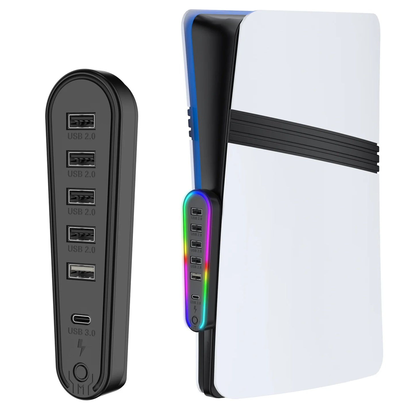 6 Ports USB Hub Splitter Expander Hub Charger Controller Splitter Expansion Adapter RGB lighting with 5 modes For PS5 Slim/Pro