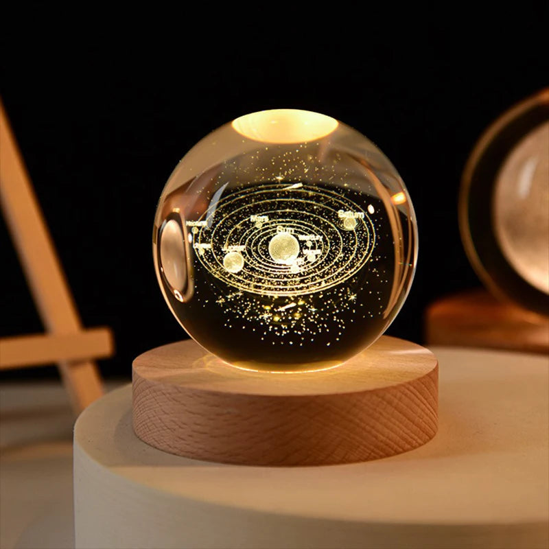 3D Crystal Ball LED Warm Night Light Wooden Base Laser Engraved Solar System Globe Galaxy Birthday Gift Home Desktop Decoration