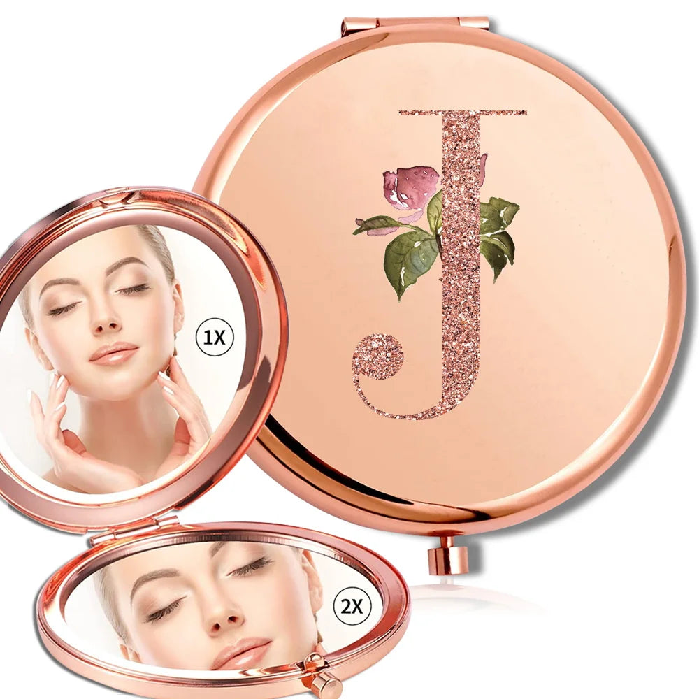 Magnifying Makeup Round Mirror Double Sided Metal Cosmetic Portable Look Glass Compact Handheld Mirror Rose Gold Letter Pattern