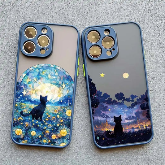 Artistic Black Cat Starry Night Phone Case For iPhone 17 15 14 13 12 11 Pro Max 12 16 Mini XS X XR 14 15 Plus Shockproof Shells