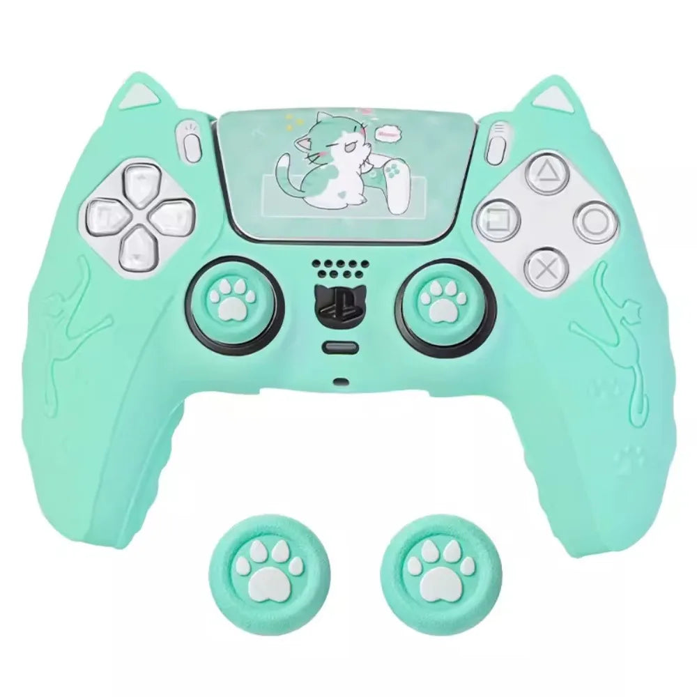 Silicone Controller Case Set with Thumb Grip Caps Cat Paw Controller Skin with Sticker Anti-slip Protective Shell Cover for PS5