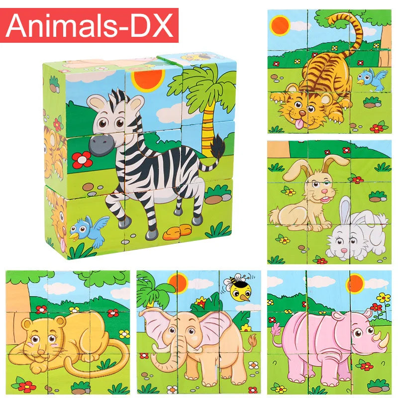Wooden Puzzle Six Sides Painted Three-Dimensional Traffic Animal Puzzle Building Blocks Montessori Early Education Toys TMZ