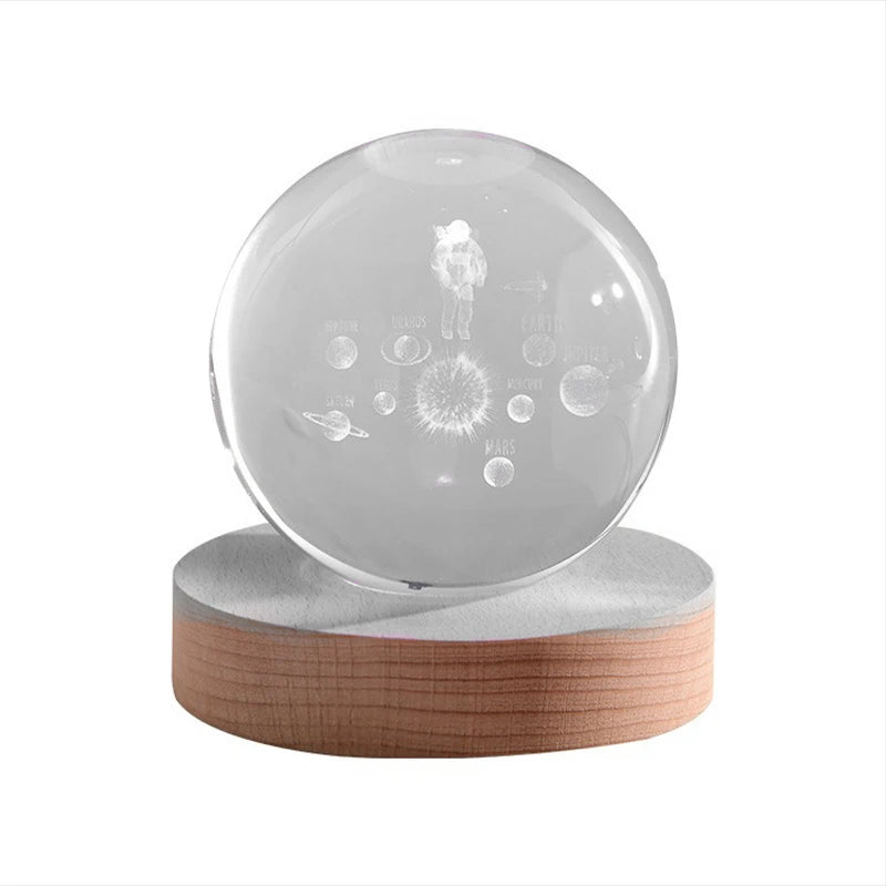 3D Crystal Ball LED Warm Night Light Wooden Base Laser Engraved Solar System Globe Galaxy Birthday Gift Home Desktop Decoration