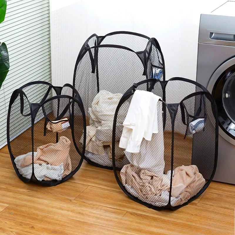 Foldable Mesh Laundry Basket Ventilated Collapsible Dirty Clothes Hamper Space Saving Storage Basket Portable Bathroom Organizer