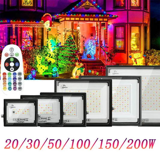 RGB LED Floodlight Remote Control 20W 30W 50W 100W 150W 200W Outdoor Spotlights AC220V Waterproof IP66  Outdoor Ambient Light