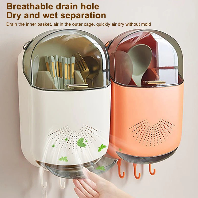 Kitchen Cutlery Storage Box Wall Mount Tableware Storage Holder with Lid Dustproof Spoon and Chopstick Organizer Drain Racks