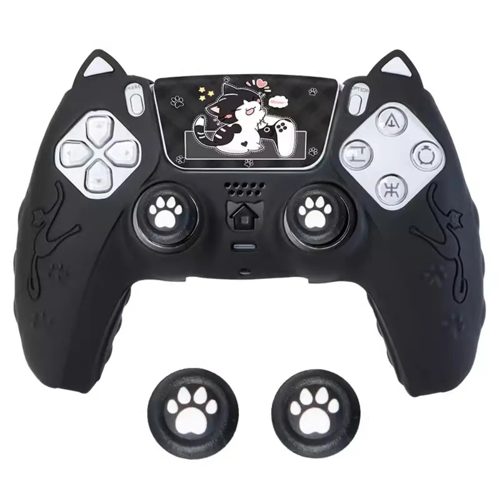 Silicone Controller Case Set with Thumb Grip Caps Cat Paw Controller Skin with Sticker Anti-slip Protective Shell Cover for PS5