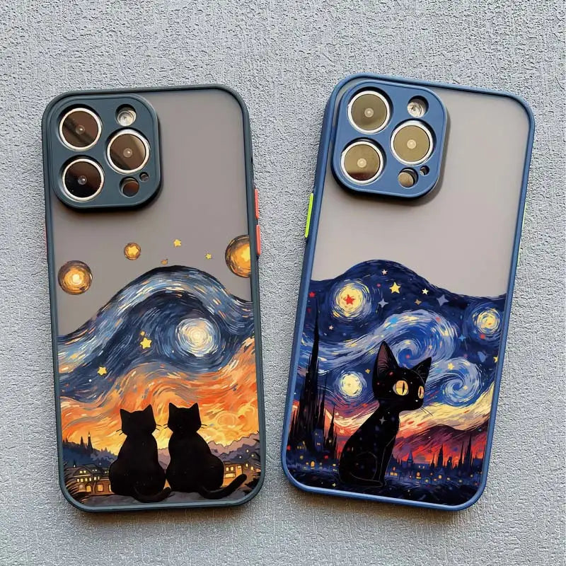 Artistic Black Cat Starry Night Phone Case For iPhone 17 15 14 13 12 11 Pro Max 12 16 Mini XS X XR 14 15 Plus Shockproof Shells