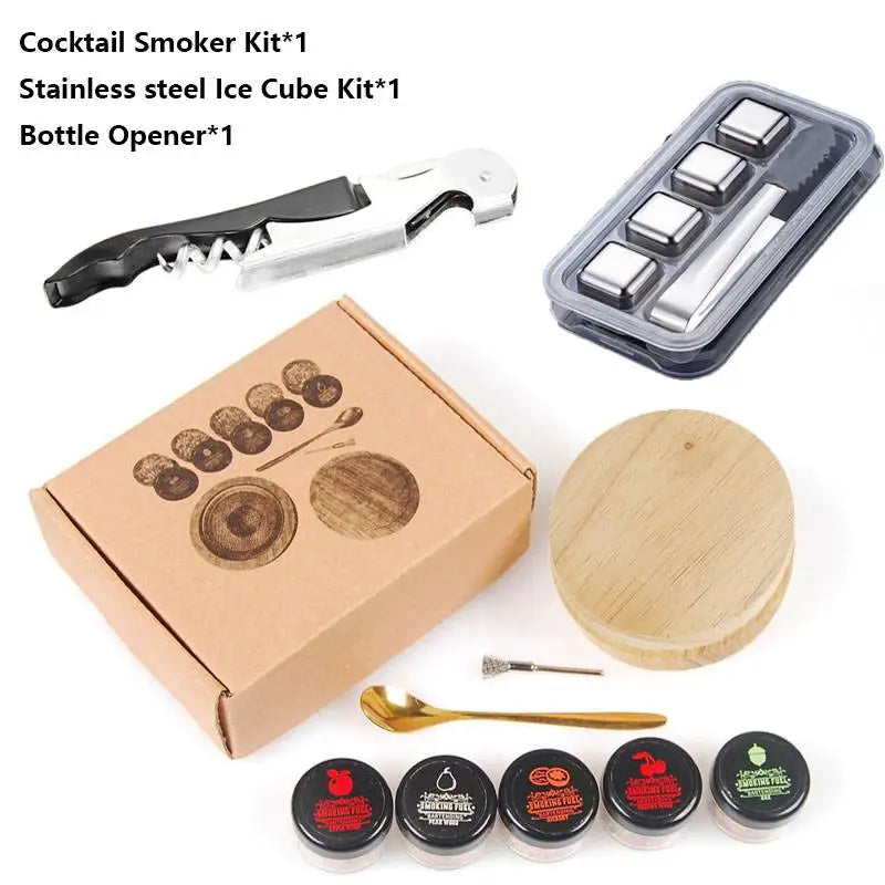 Wooden Cocktail Smoker Kit With 5 Flavor Wood Chips Whiskey Smoking Wood Chips Box Cocktails Infuser Kit Kitchen Accessories