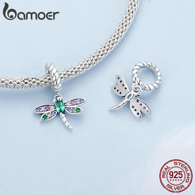 Bamoer 925 Sterling Silver Colorful Zircon Dragonfly Pendant Necklace Dainty Insect Neck Chain for Women Valentine's Day Gift