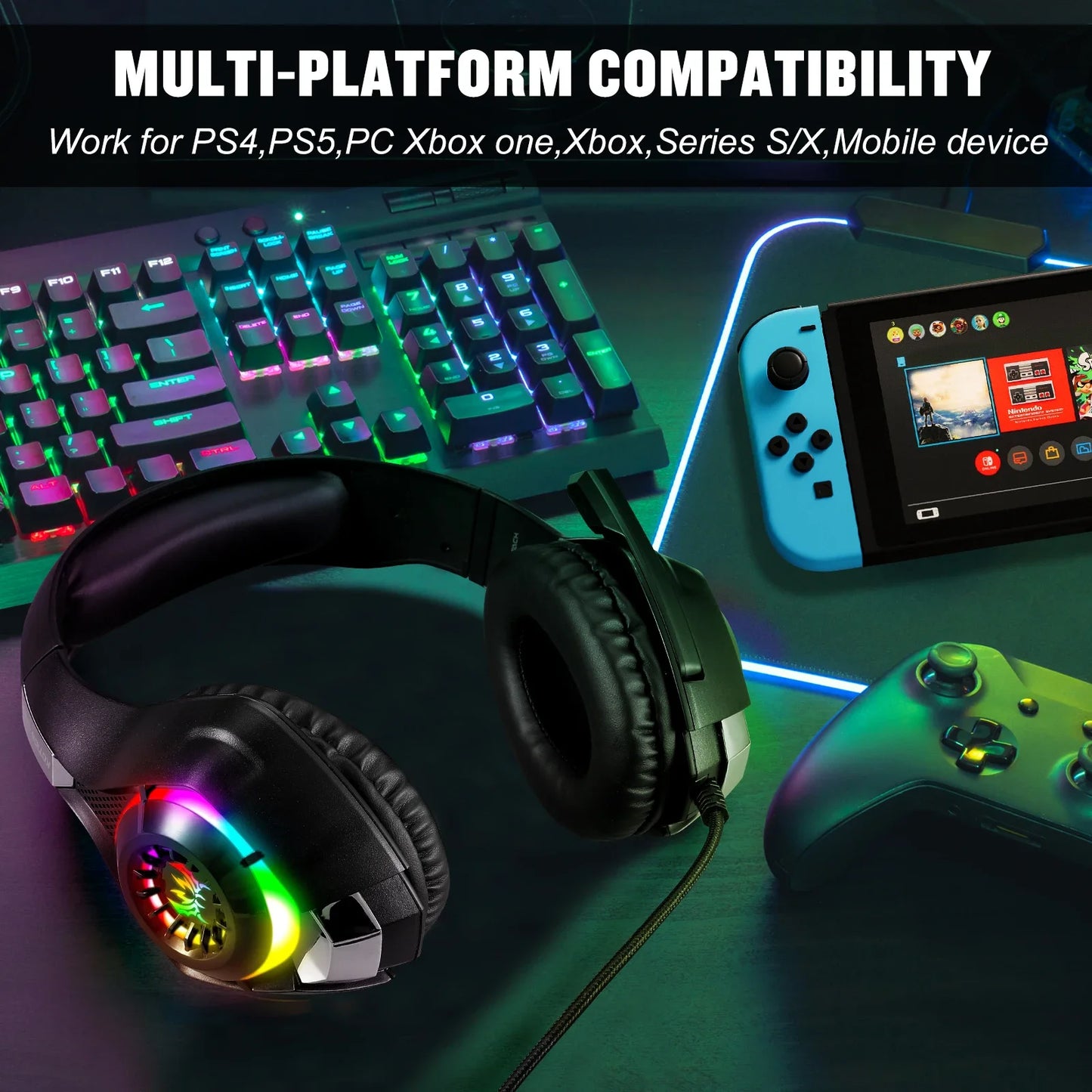 RGB Light Gaming Headset for PC PS5 Game Headphone with Microphone Noise Cancelling Earphone 3.5mm USB Deep Bass Stereo Sound
