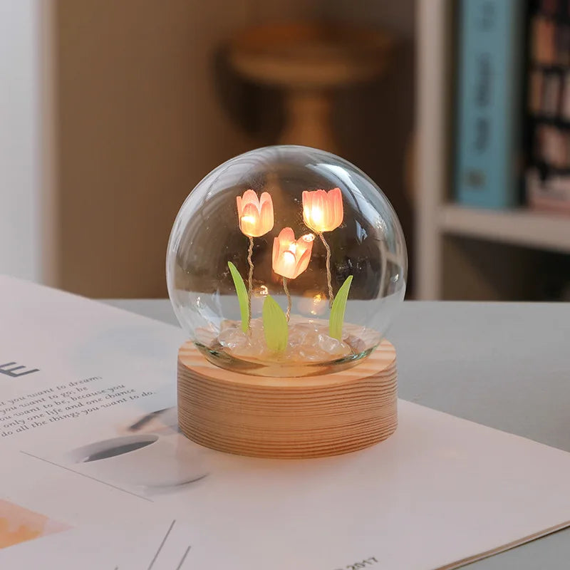 Gift Mini Tulip Night Light Crystal Glass Ball Lights Bedroom Ornaments Home Wedding Party Decoration Birthday Valentine's Day