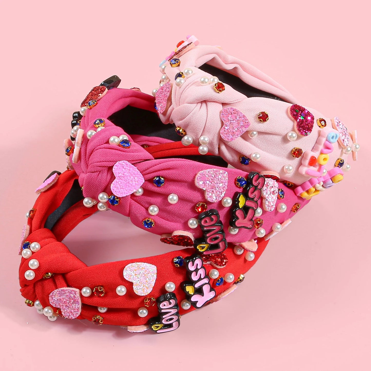Fashion Valentine's Day Headbands for Women Glitter Heart Letter Hairbands Crystal Pearl Headband for Party Hair Accessories