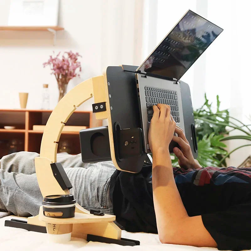 Desktop computer stand, portable and foldable stand, multi-functional reclining desk, made of wood, 360° adjustable laptop stand