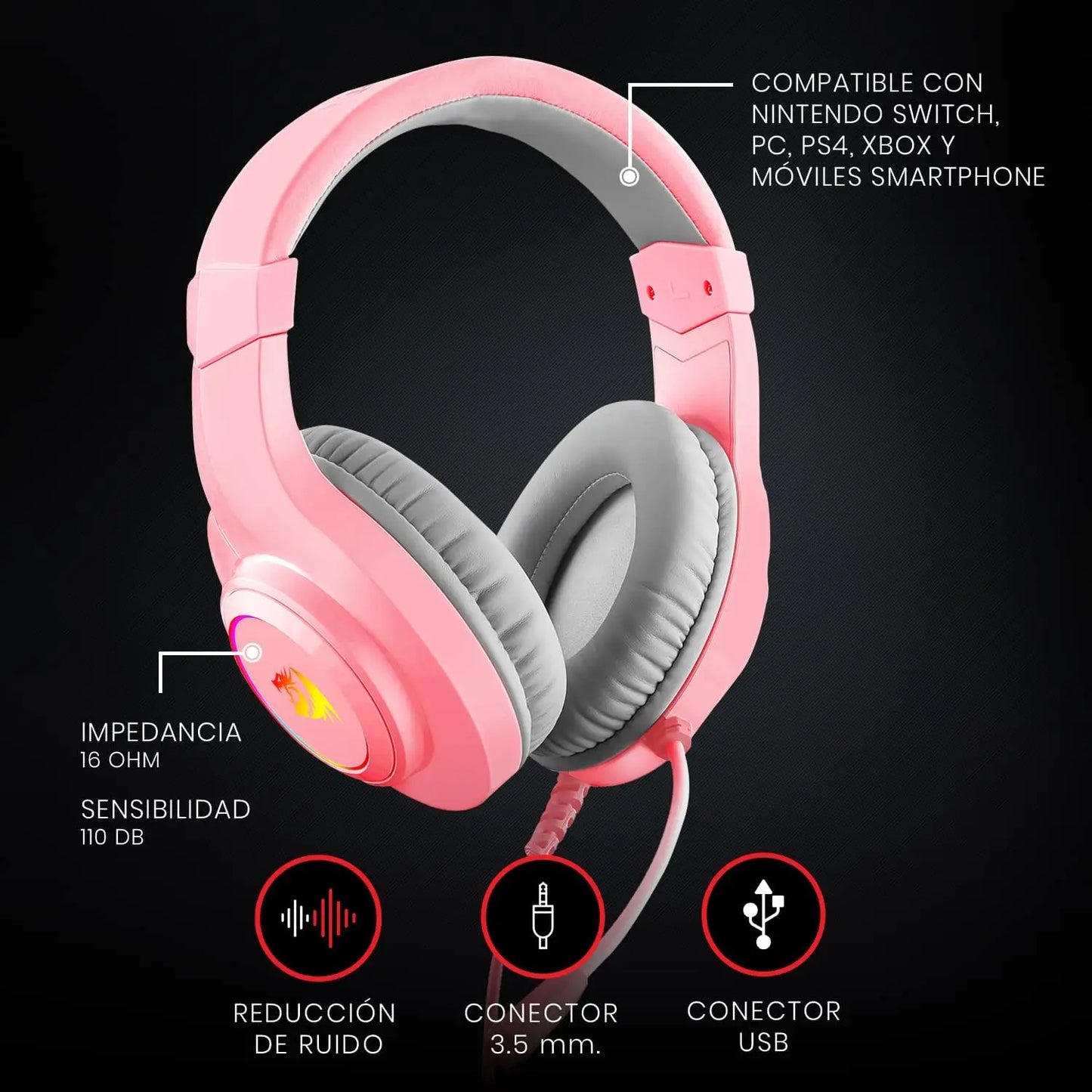 Redragon H260 Hylas RGB Pink Gaming Headset with Microphone, Circumaural Pads, Compatible with Xbox One PS4 PS5 Laptop PC, Pink