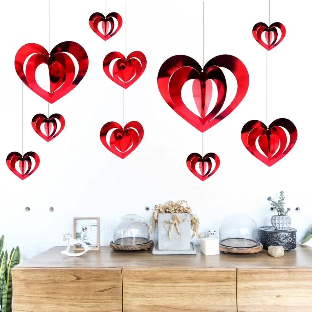 3D Red Heart Garland Valentines Day Decor Love Heart Hanging String Garland Wedding Anniversary Birthday Party Supplies
