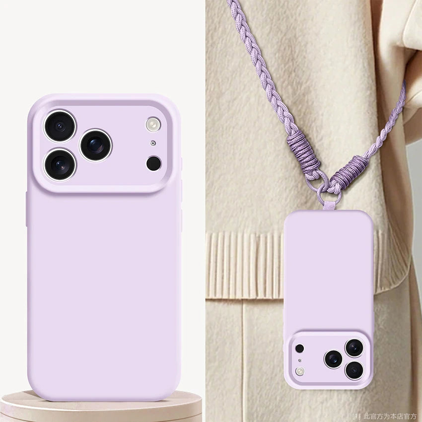 Liquid Silicone Phone Case For iPhone 17 Pro Max 17Air 16 17 Pro 15 14 Plus With Crossbody Lanyard camera Protection Coque Cover