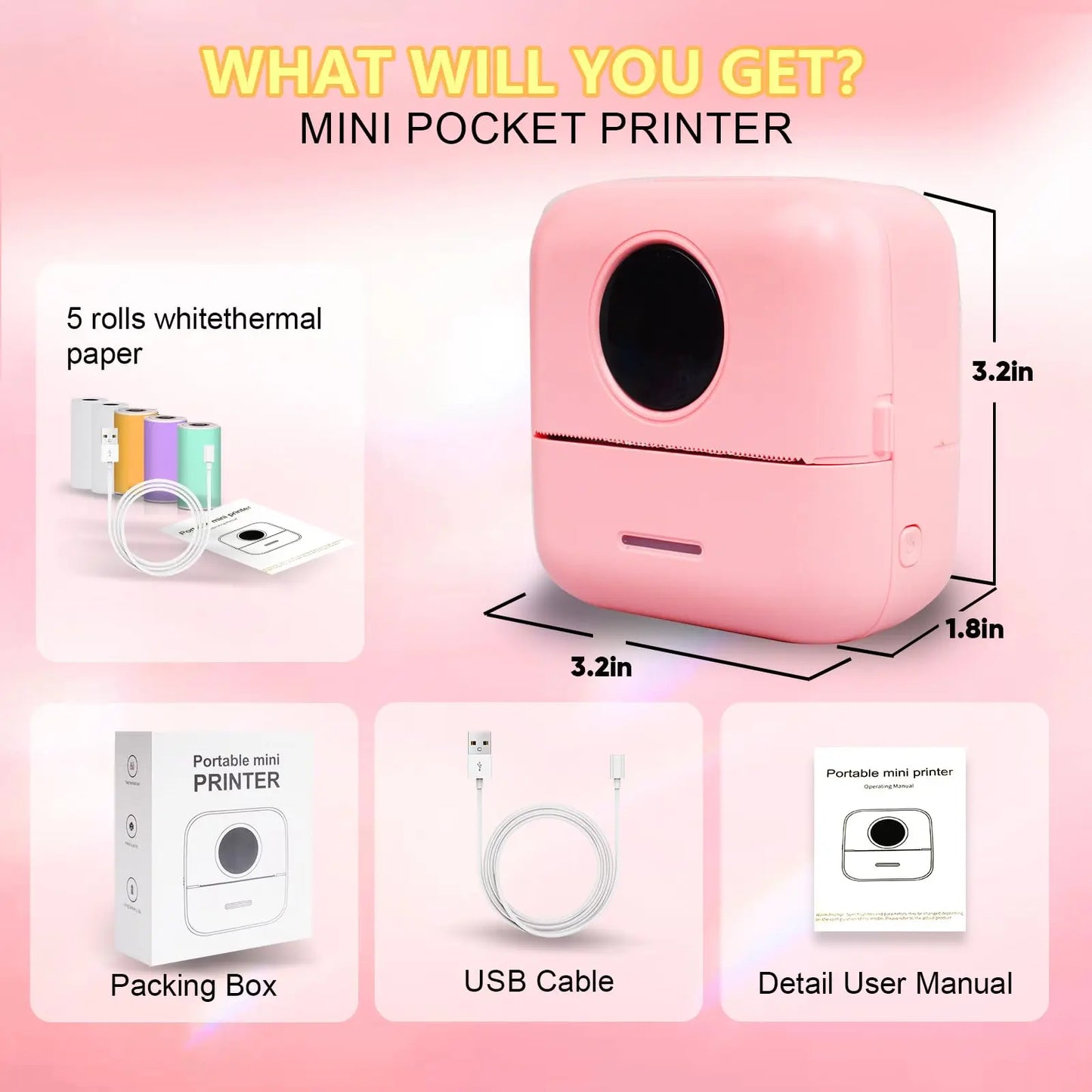 [Mini Portable Printer] Mini Portable Thermal Printer | 13 Rolls | Print Pictures, Photos, Labels, Text, To-Do Lists | 57*25mm