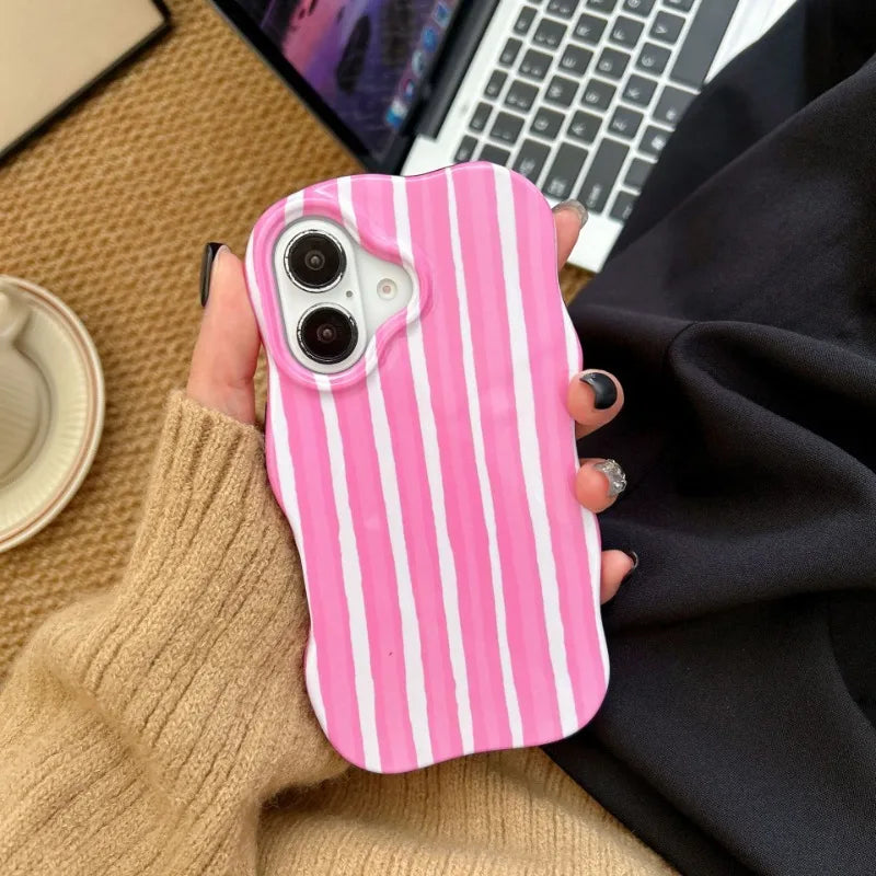 Fashion 2 in 1 Glossy Stripes Phone Case For IPhone 16 15 14 13 Pro Max Comfortable Touch Wave Edges Hard Slim Back Cover Shell