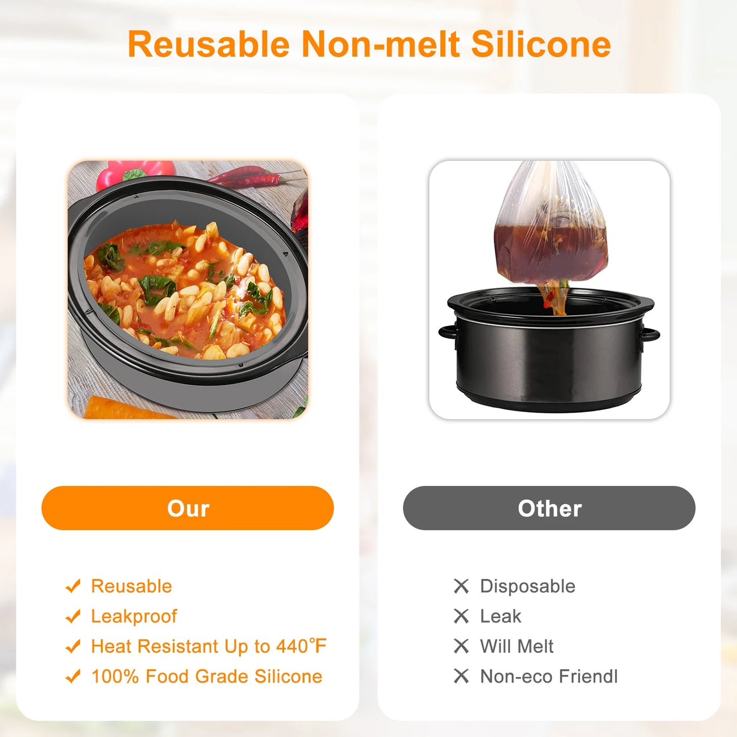 Silicone Slow Cooker Liner for 7-8QT Pot Reusable Slow Cooker Silicone Insert with Handle Leakproof Slow Cooker Liner Insert